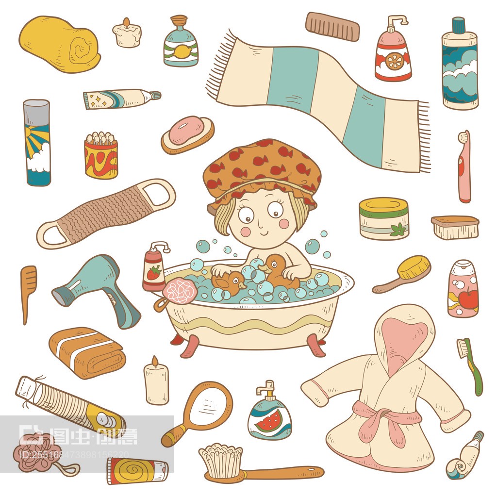 清新童趣 矢量卡通浴室元素与个人卫生用品图集